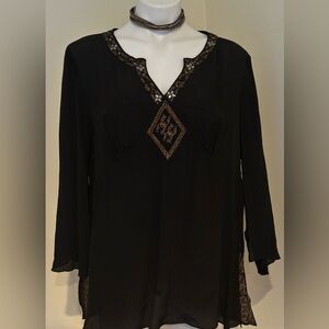 Faded Glory NWT Black & Brown Sheer Embroidered Tunic Blouse Sz 16/18 XL